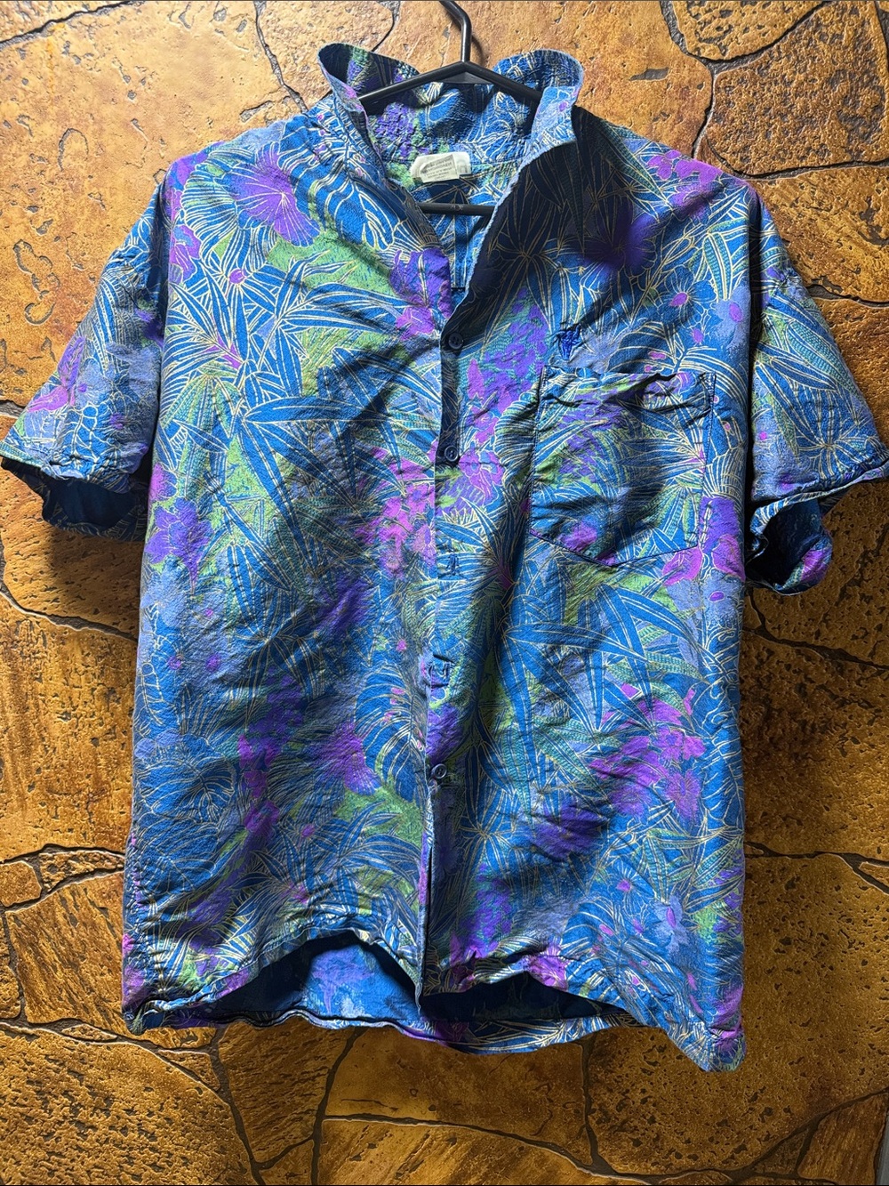 Vintage Pearly  Blue, Purple & Green Tropical Button-Down Shirt P2P 21” Lentgh28